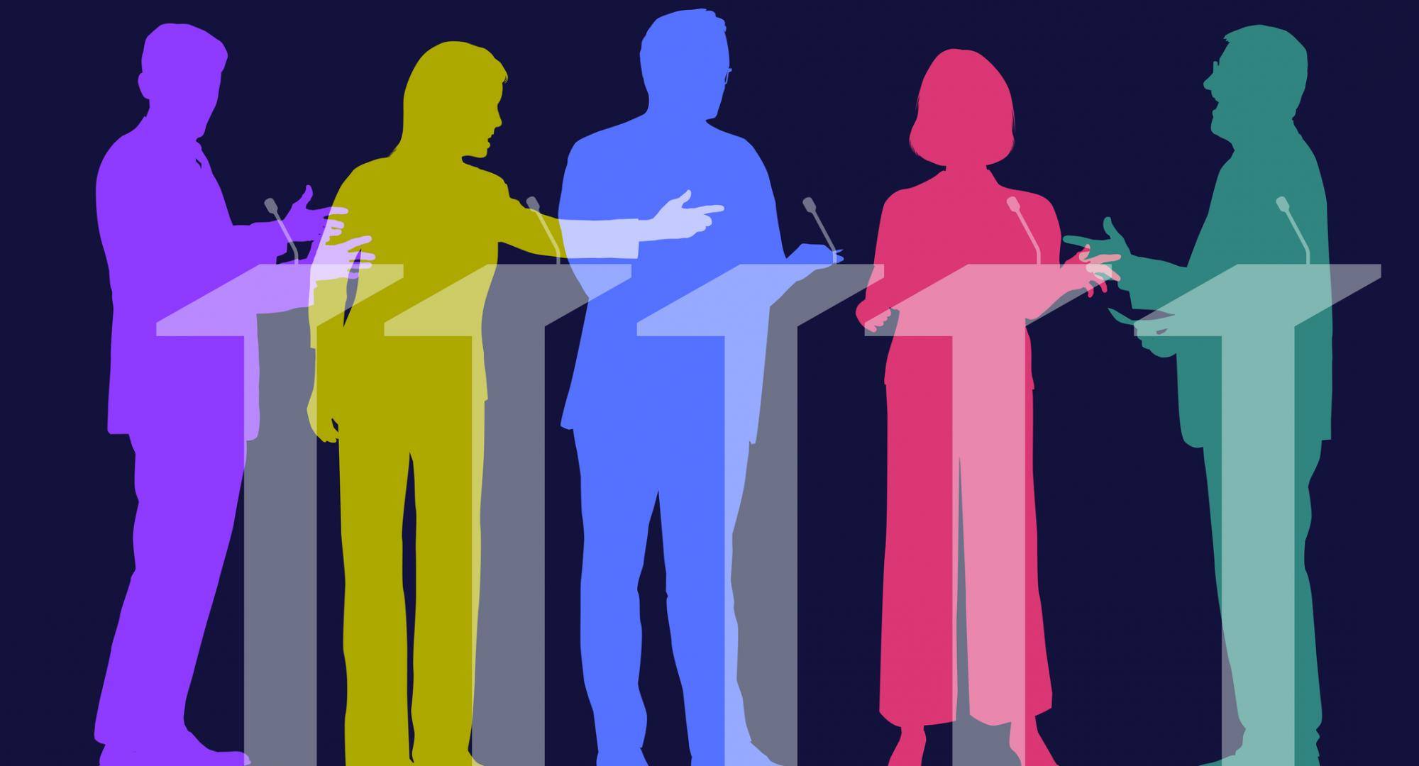 Colourful overlapping silhouettes of politicians during a TV Election Debate