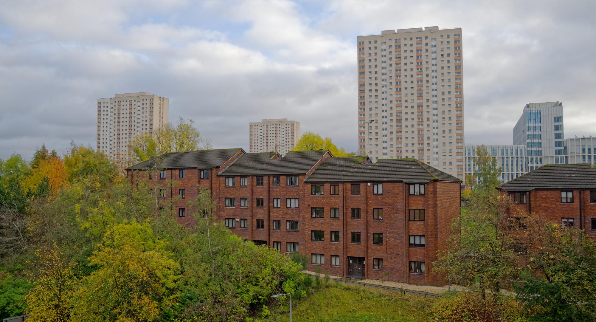 Council flats in poor housing estate with many social welfare issues in Linwood UK