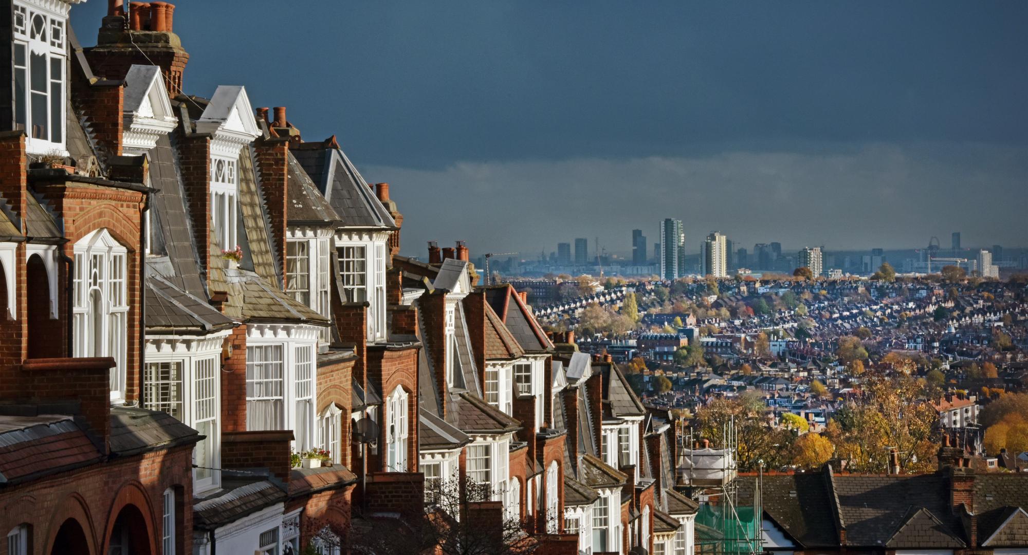 London houses with distant suburban terraces and apartment block