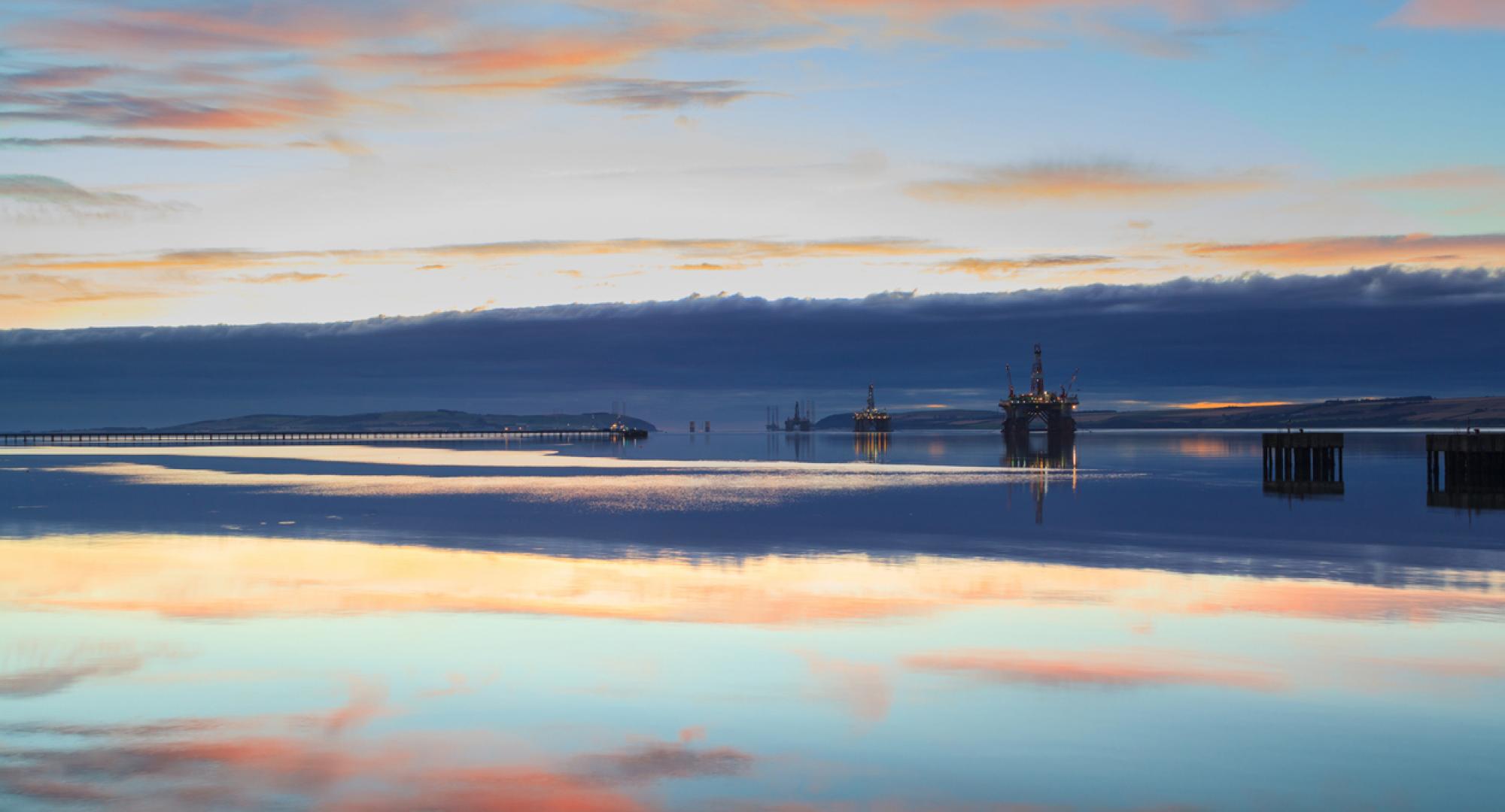 Semi Submersible Oil Rig during Sunrise at Cromarty Firth in Invergordon, Scotland