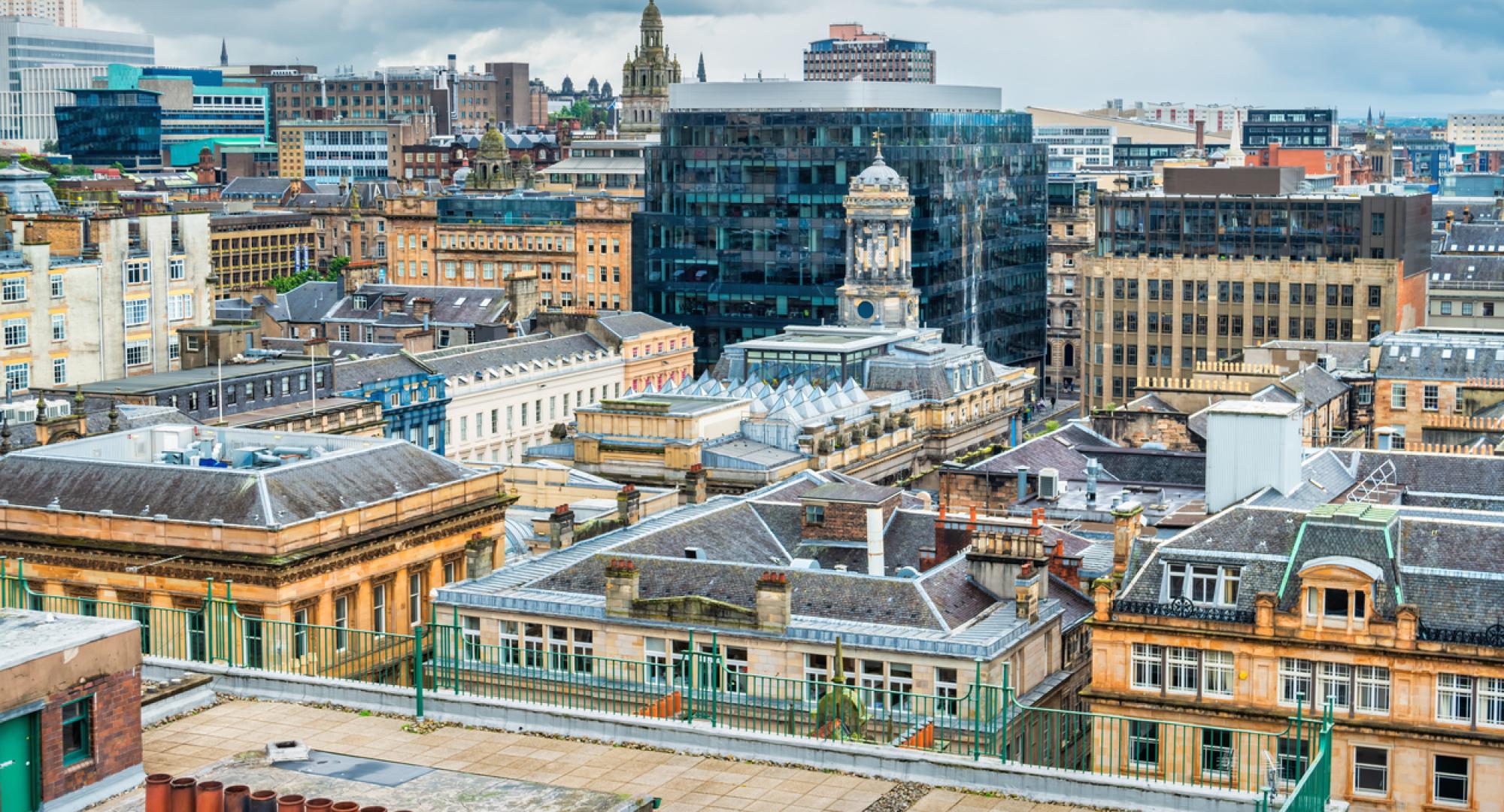 Skyline of downtown Glasgow, Scotland seen from above.