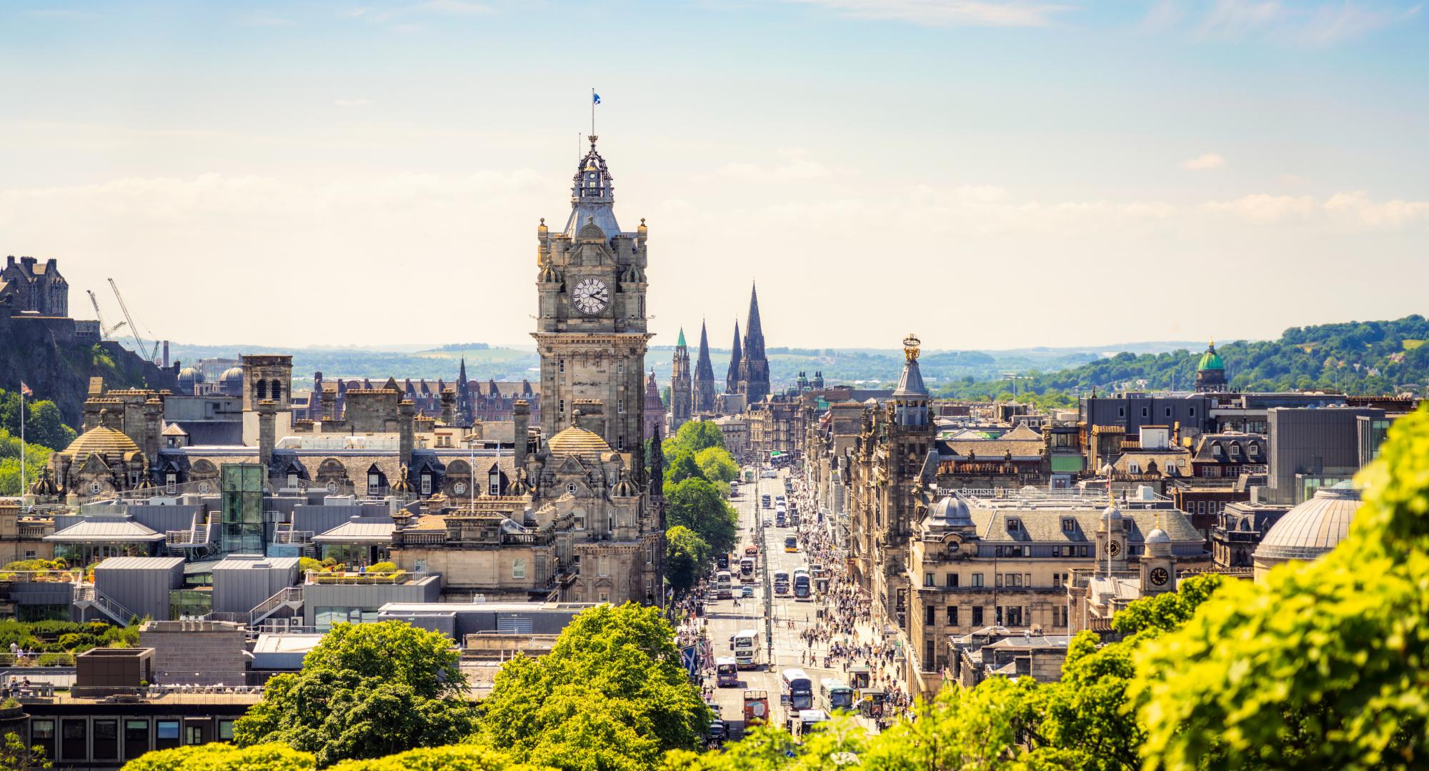 A high angle view over central Edinburgh, with Princes Street