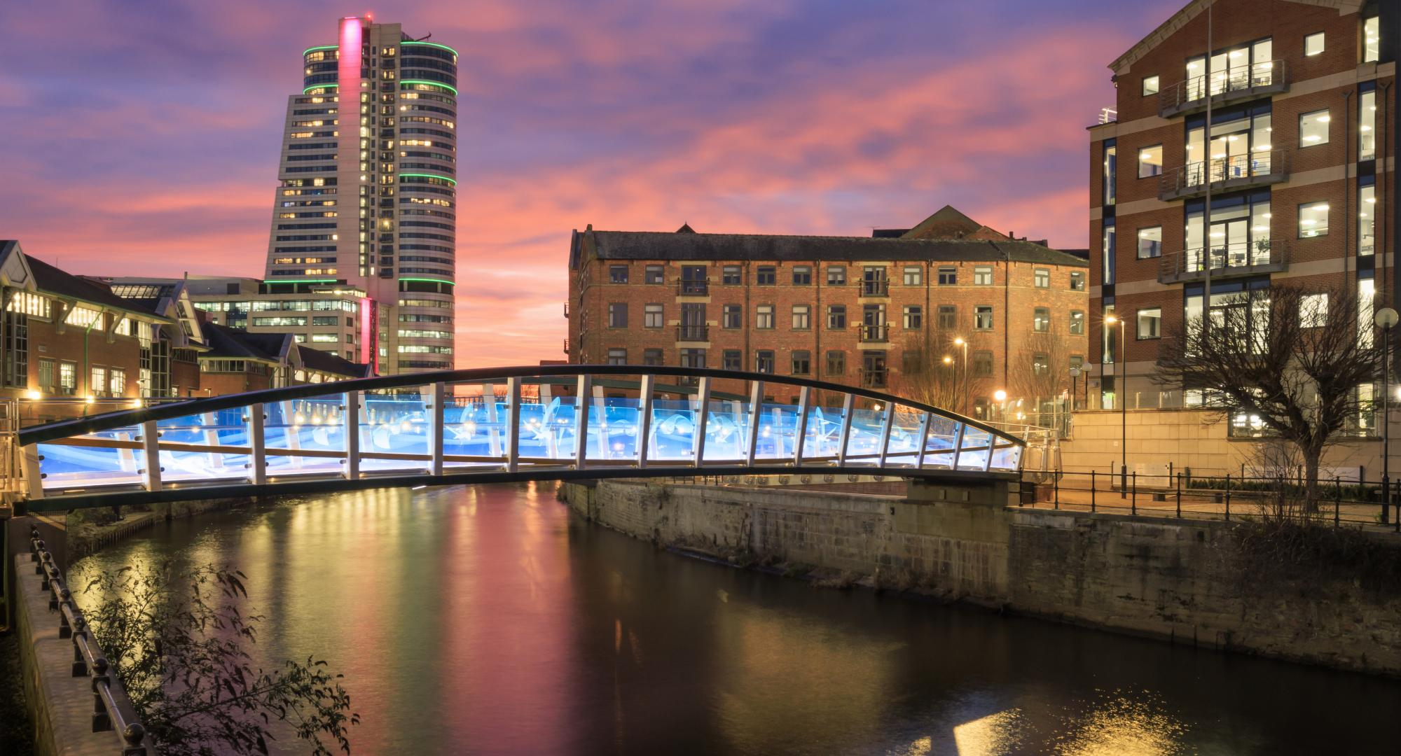 Leeds city centre at sunset.