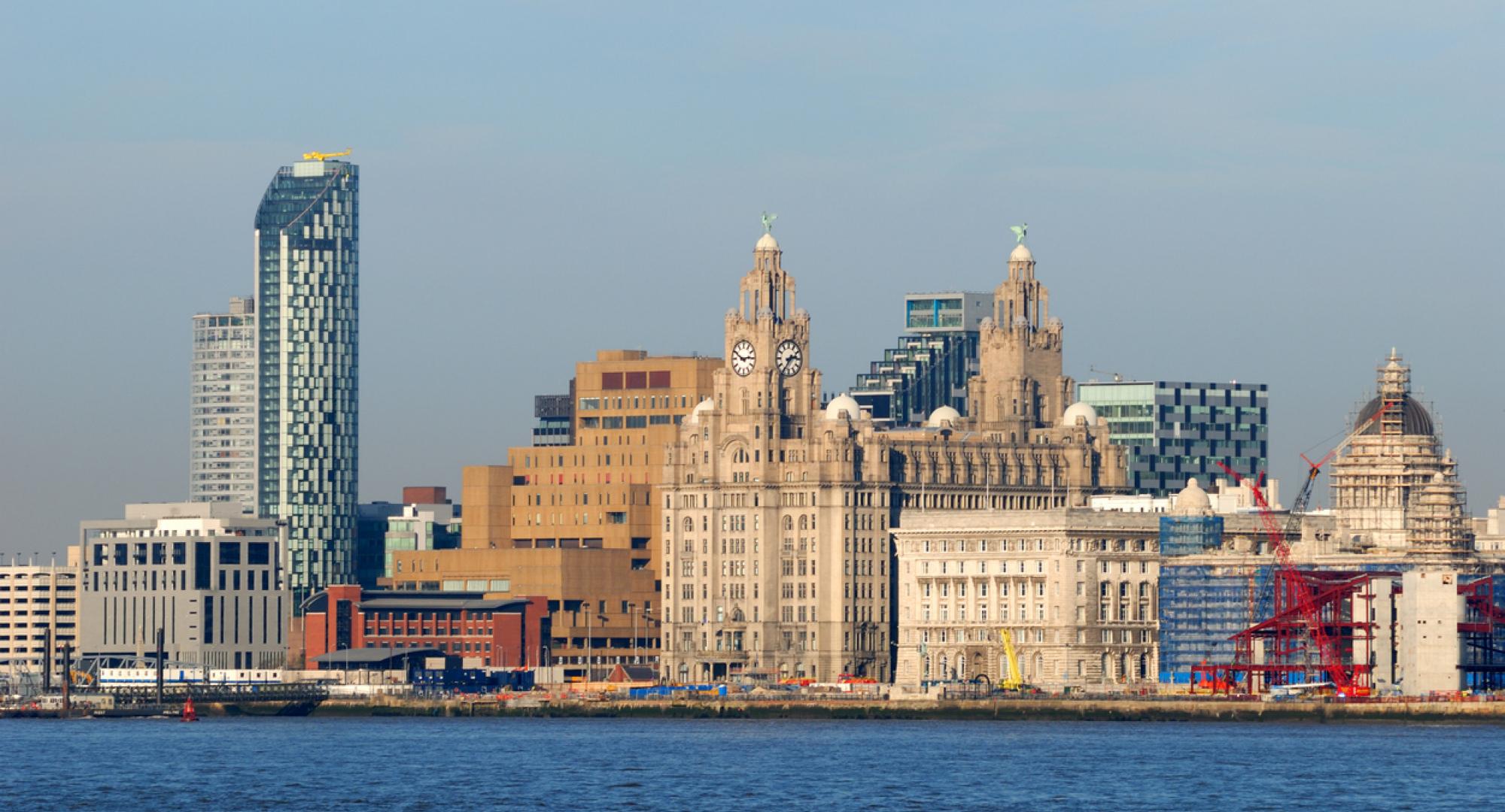 New and old buildings of the Liverpool waterfront at pierhead.