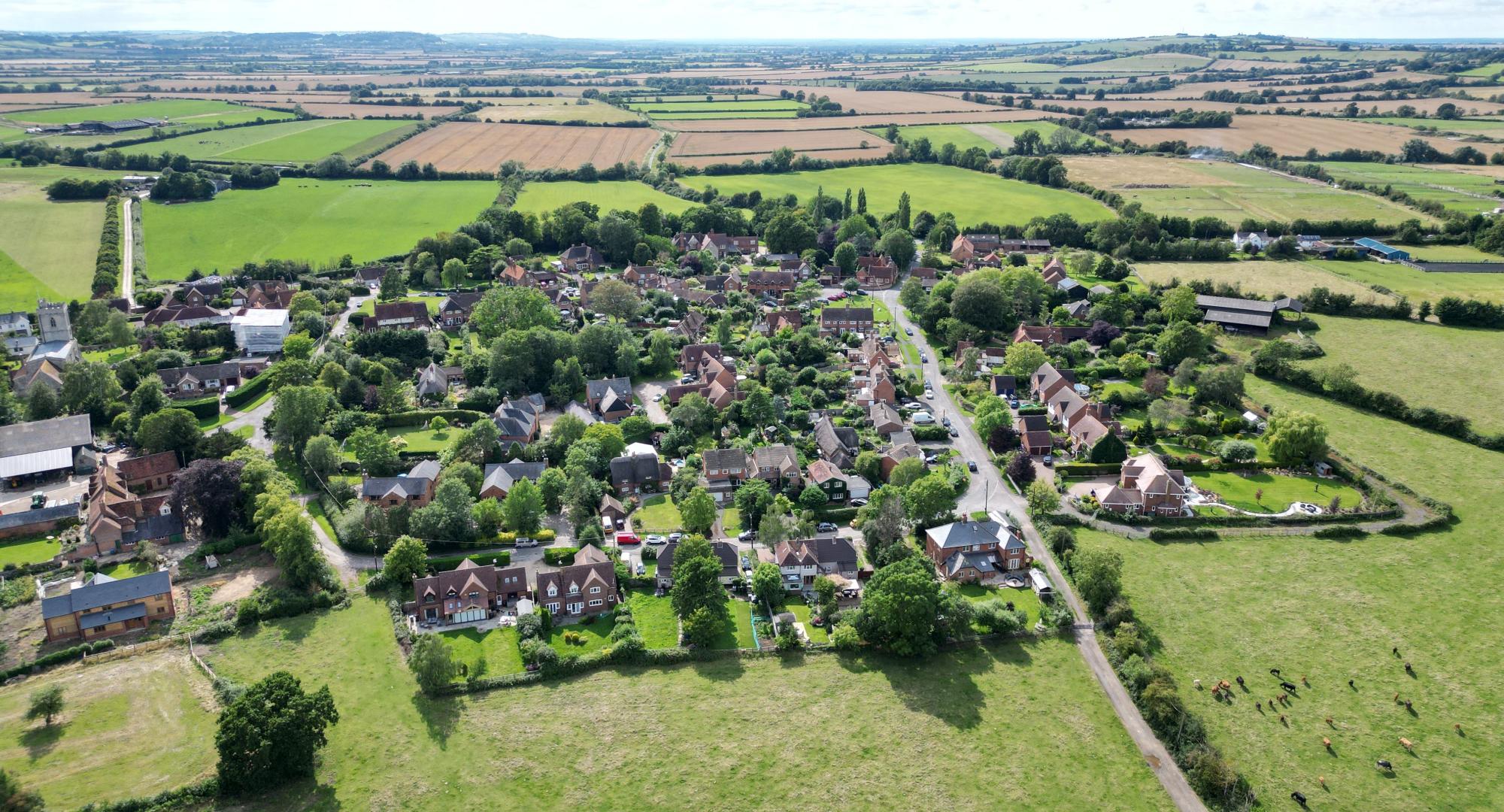 A row of quaint and colourful houses in a lush green field