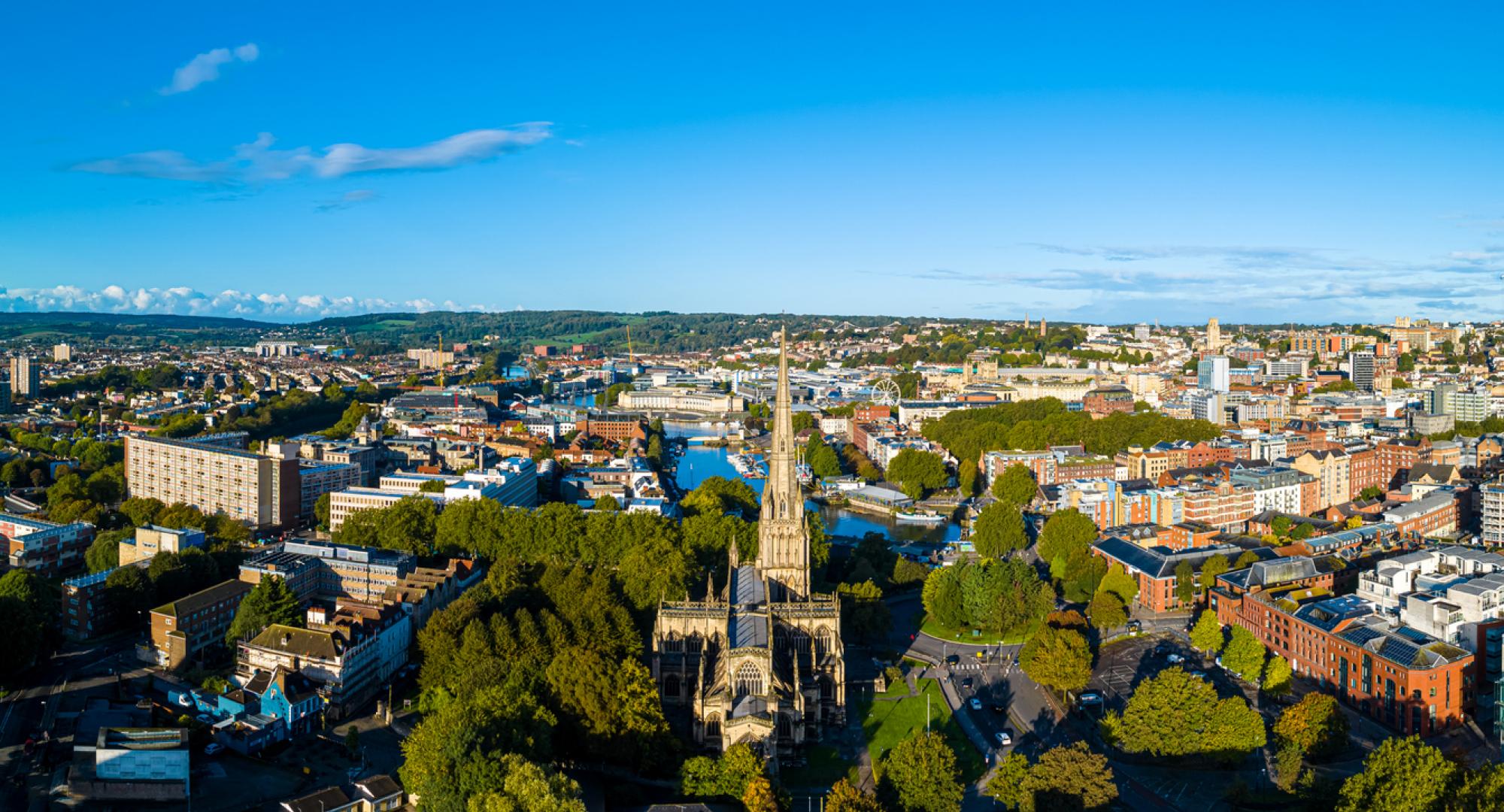 Aerial view of central Bristol in sunny morning