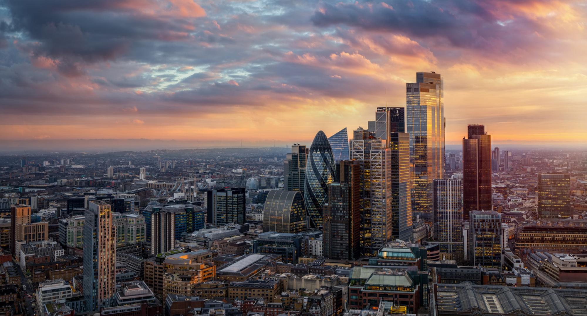Sunset view of skyscrapers in London