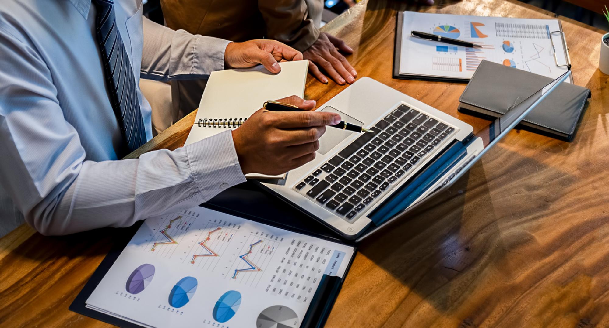 Businessman inspects financial reports