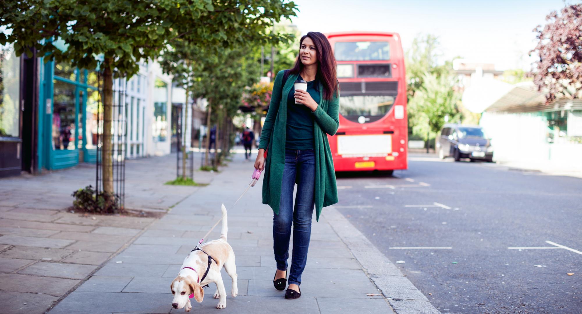 Woman walking a dog in London