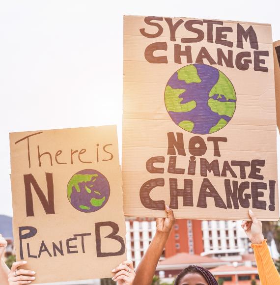 Group of demonstrators on road, young people from different culture and race fight for climate change.