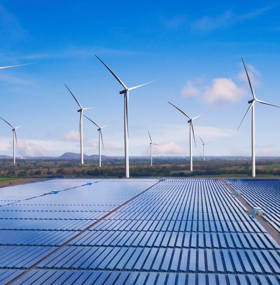 A field with wind turbine and solar panels.