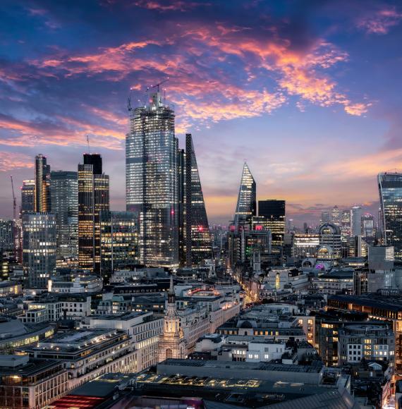 Picture of London's financial district at night.