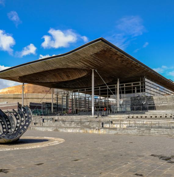 Sinedd, National Assembly building. Front view with sculpture in the foreground.