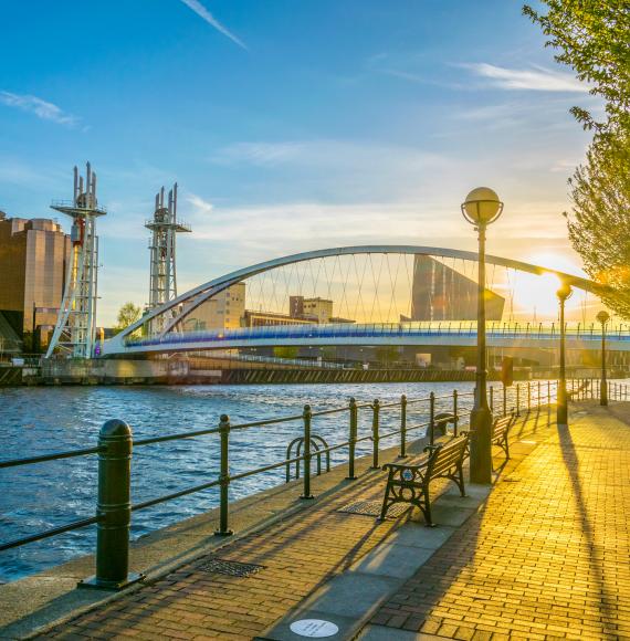 A picture of Salford Quays taken during golden hour.