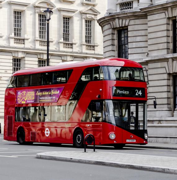  One of the new London Buses on a road en route to Hampstead Heath.