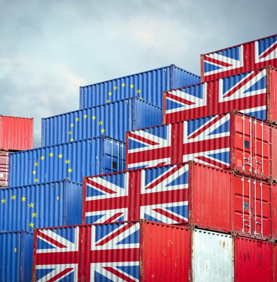 Storage containers representing EU and UK imports and exports.