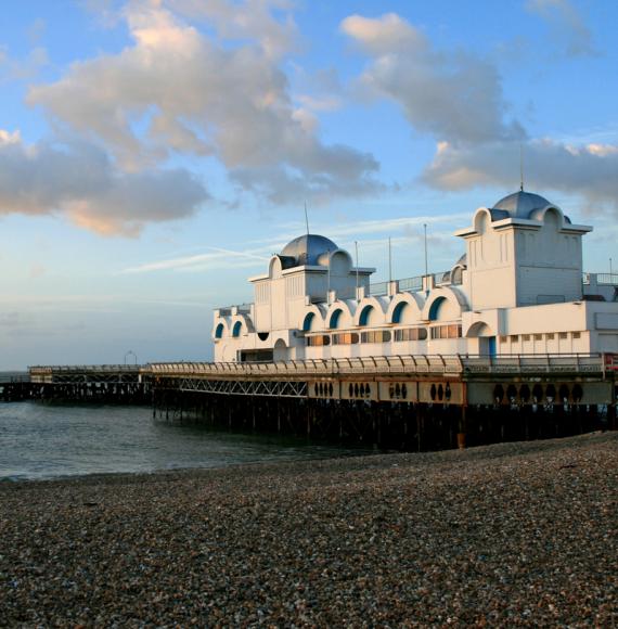 Southsea Pier and beach in the early morning.