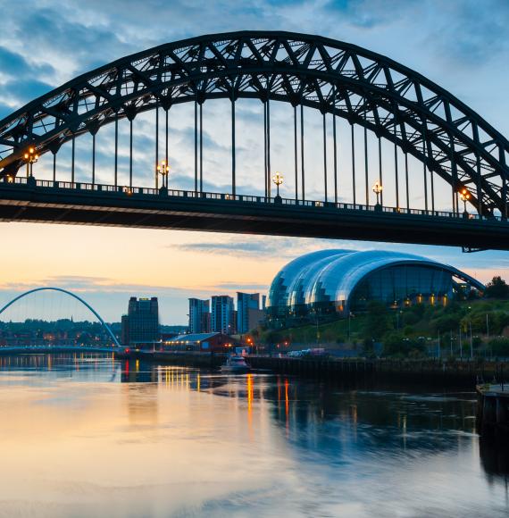 Shot of the Tyne Bridge and Sage in Newcastle