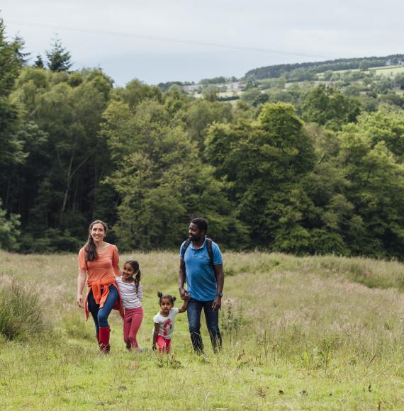 Northumberland trees with family walking