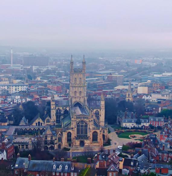 Aerial view of Gloucester, including Gloucester Cathedral