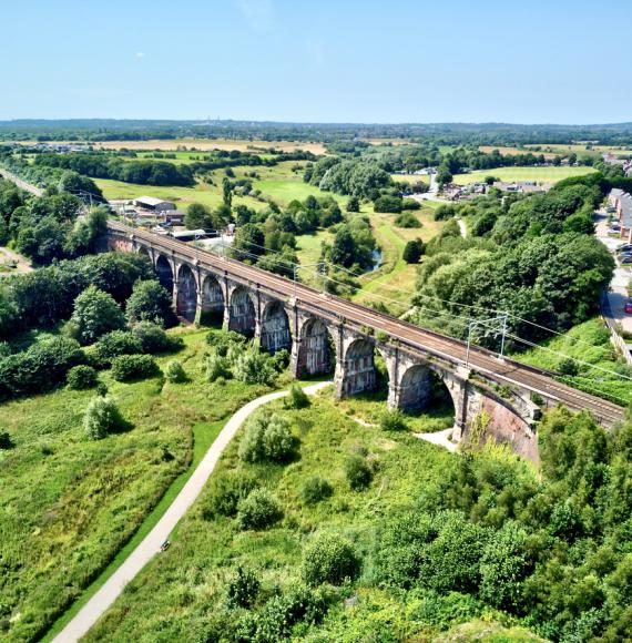 Aerial view of nine arches viaduct in St Helens