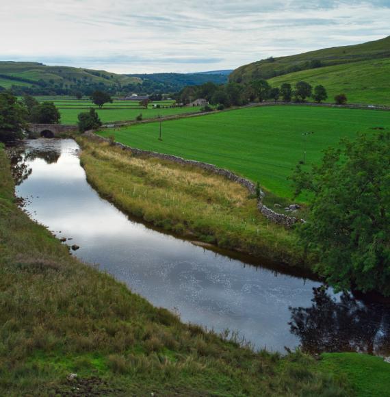 Aerial view of river in the Yorkshire Dales