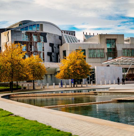 Front view of the Scottish Parliament building in Edinburgh