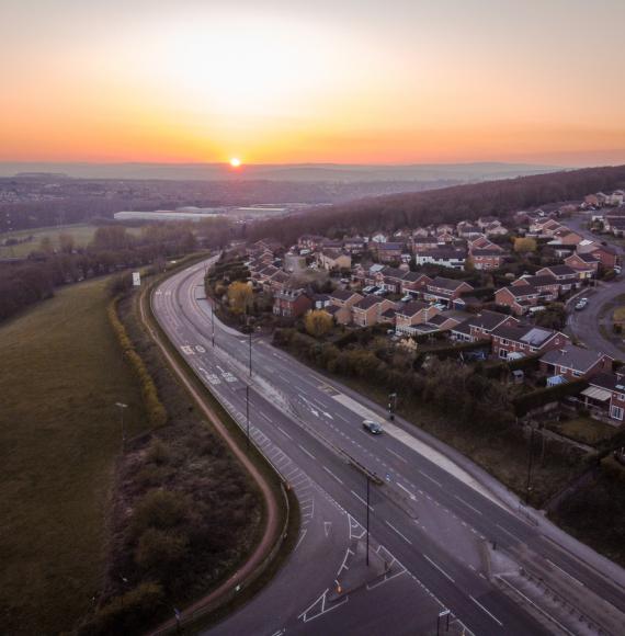 Aerial view of Rotherham at sunset