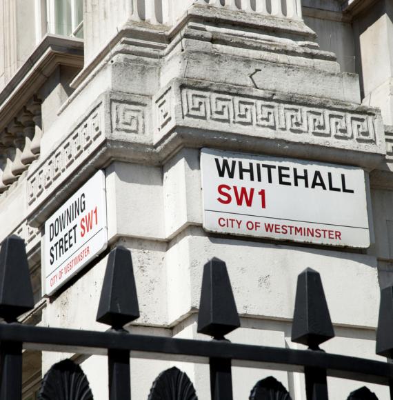 Sign on entrance to Whitehall, home of the UK government 