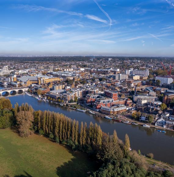 drone aerial view of town center of Kingston upon Thames, Greater London