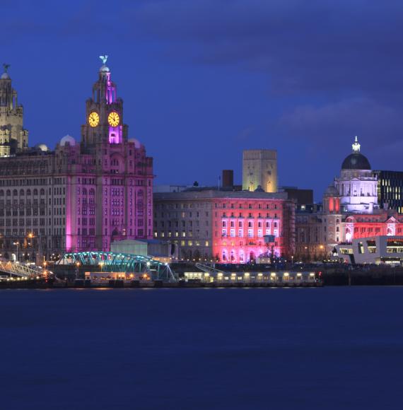 Liverpool at night with the Liver building lit