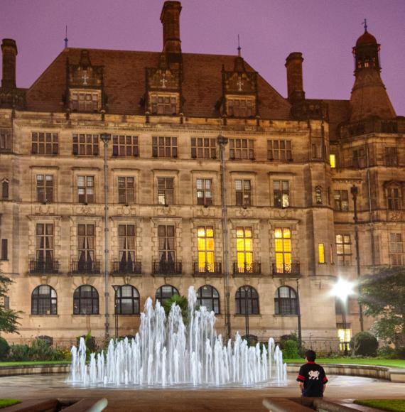 Sheffield Town Hall and fountains at night
