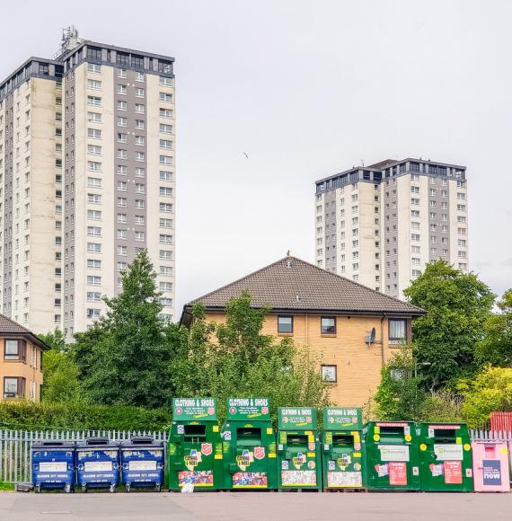 A series of recycling and charity donation containers in the Knightswood area of Glasgow.