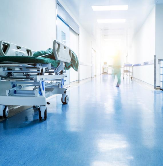 Hospital bed in a corridor