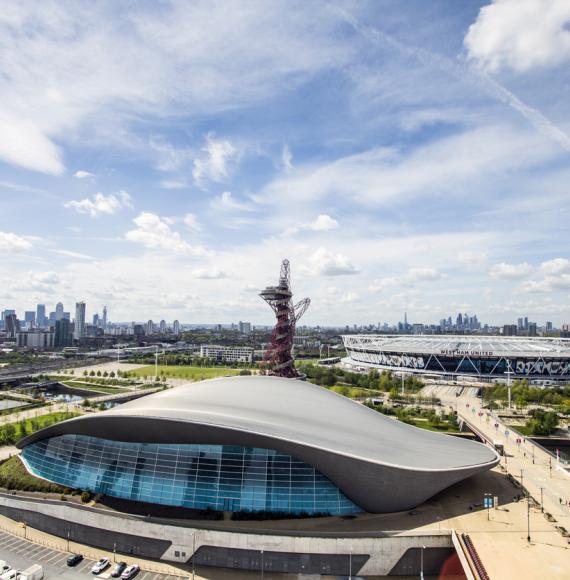 View of the aquatics centre and London Stadium in Newham