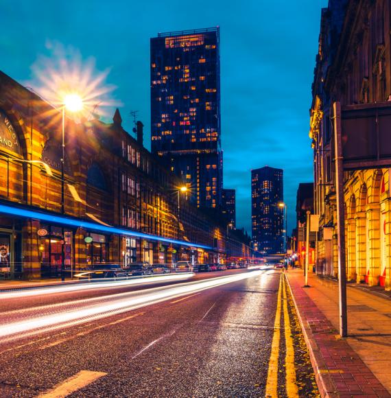 Long exposure shot of Manchester centre at night