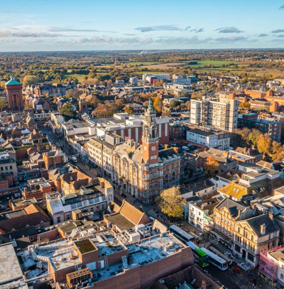 Aerial photo from a drone of Colchester City Centre, Essex