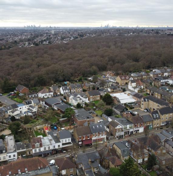 Aerial shot of Redbridge with trees in the background