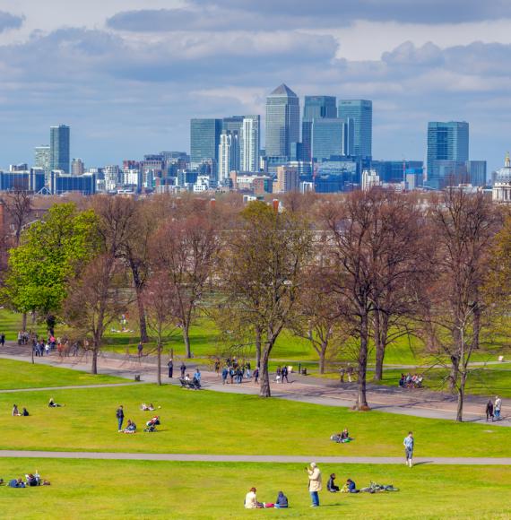 greenwich park with canary wharf in the backgroubd