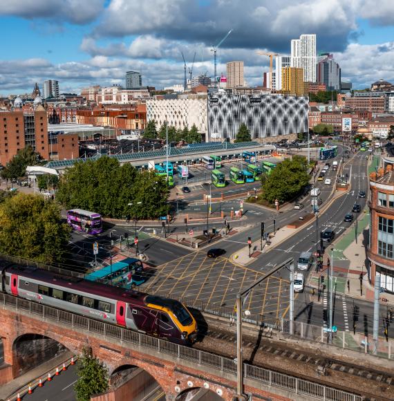 Aerial view of Leeds with train in foreground