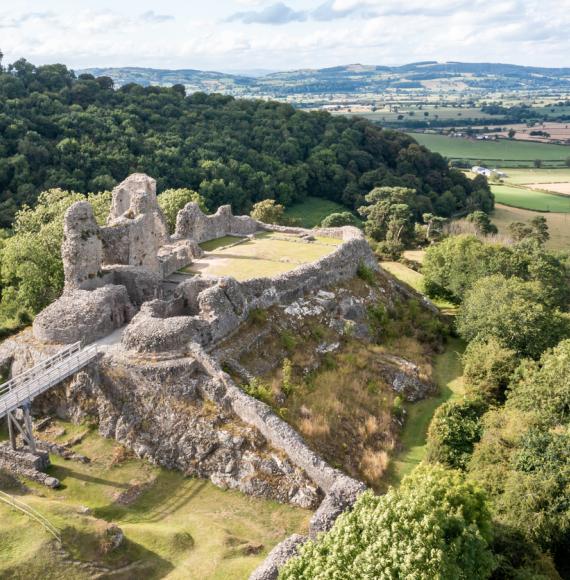 Aerial view of Montgomery Castle ruin in Wales borderland