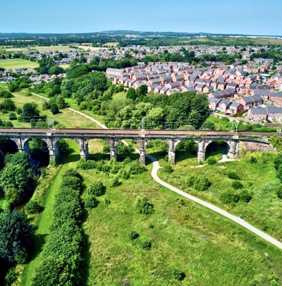 Aerial view of the nine arches viaduct in St Helens