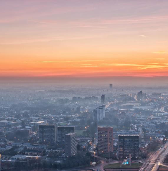 Dusk view of Manchester, looking over towards Salford