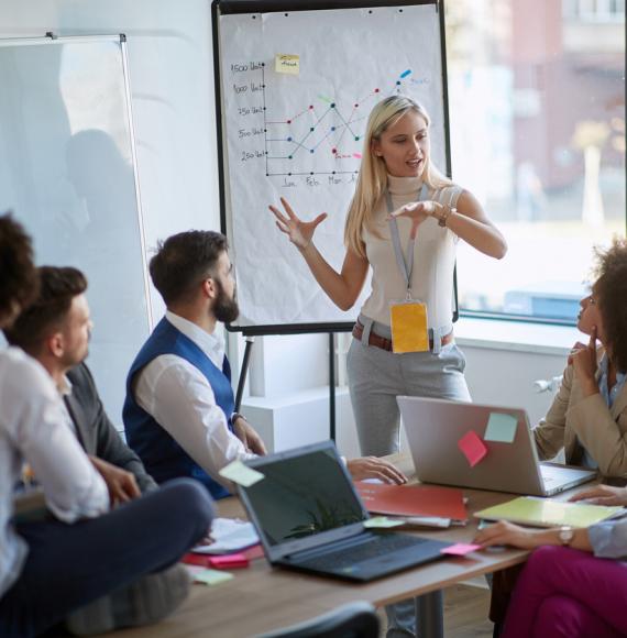 Business woman present her idea to working team