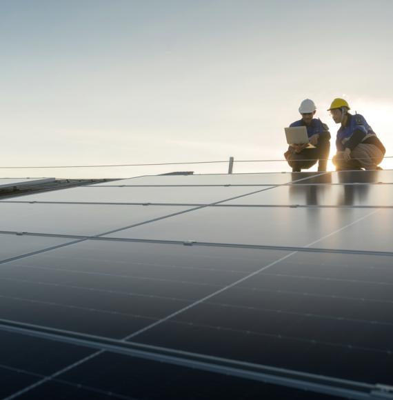 Engineers team survey check solar panel roof