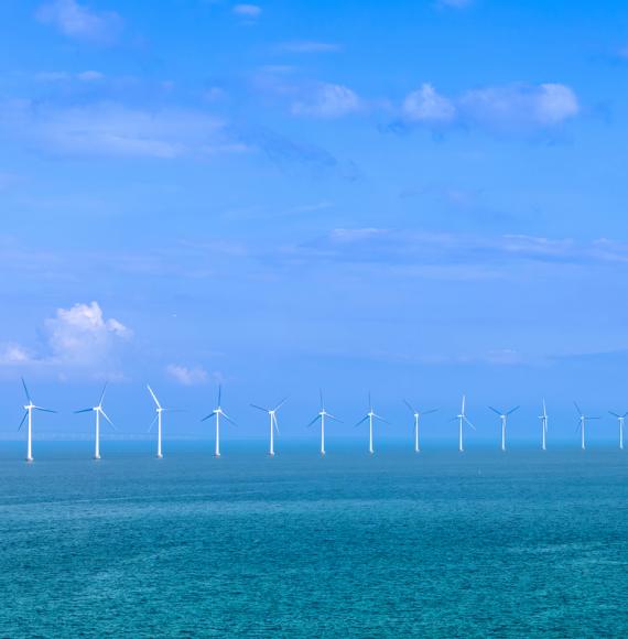 Renewable energy wind power plant and wind turbines along sea shoreline