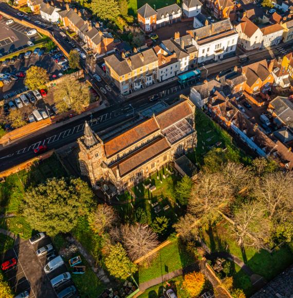 Aerial photo from a drone of St James' Church in Colchester City Centre in Essex, UK