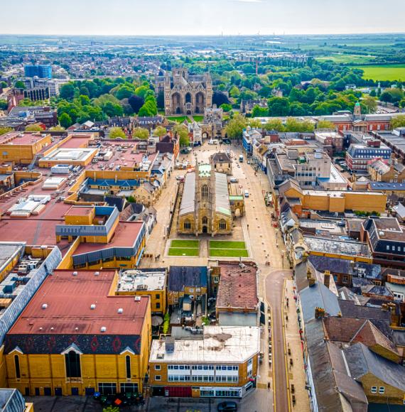 Aerial view of Peterborough Cathedral, also known as Saint Peter's Cathedral, in the United Kingdom, UK