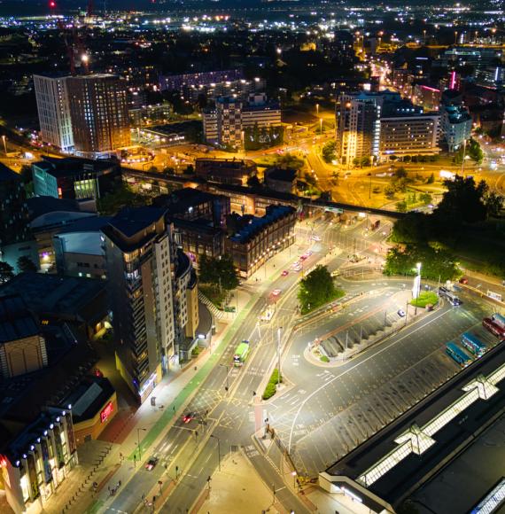 Aerial view with nightlife in Leeds