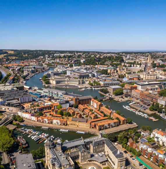 Bristol United Kingdom aerial shot of central city including canals